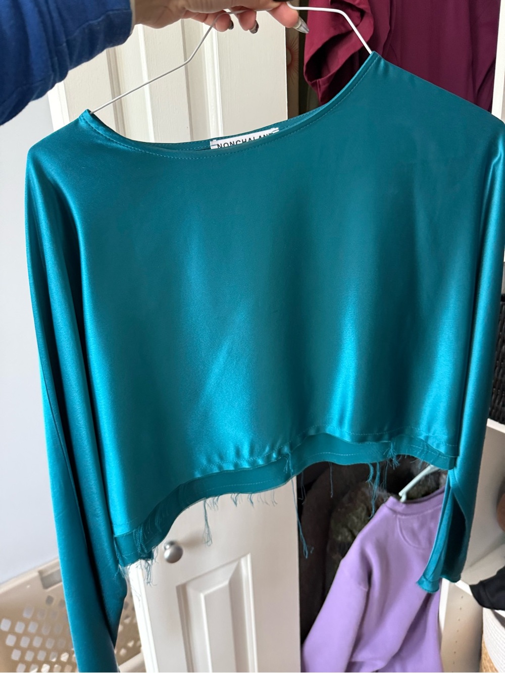 NONchalant Teal Satin Long Sleeve Crop Top with Raw Hem